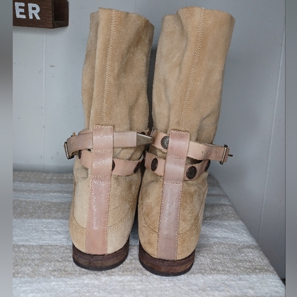 Free People Beige Suede Heeled Boots with Strap Accents NWOT - Picture 6 of 10